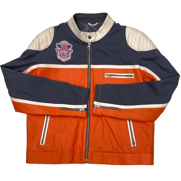 Vintage Y2K Biker Racer Jacket โ Genuine Pig Nappa Leather - orange navy Large - Picture 8 of 16